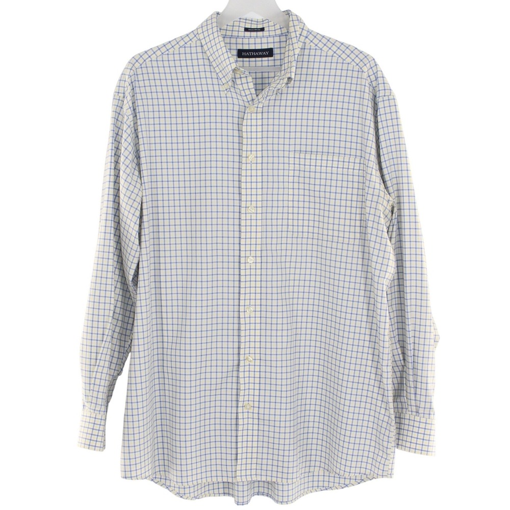 Hathaway Button Down Shirt Non-Iron Check Pattern XL Blue Yellow